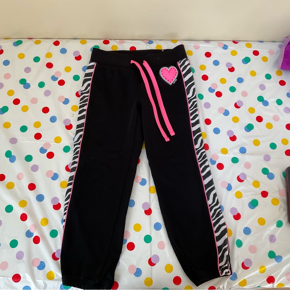 Kids Black Zebra Print Joggers with Pink Heart
